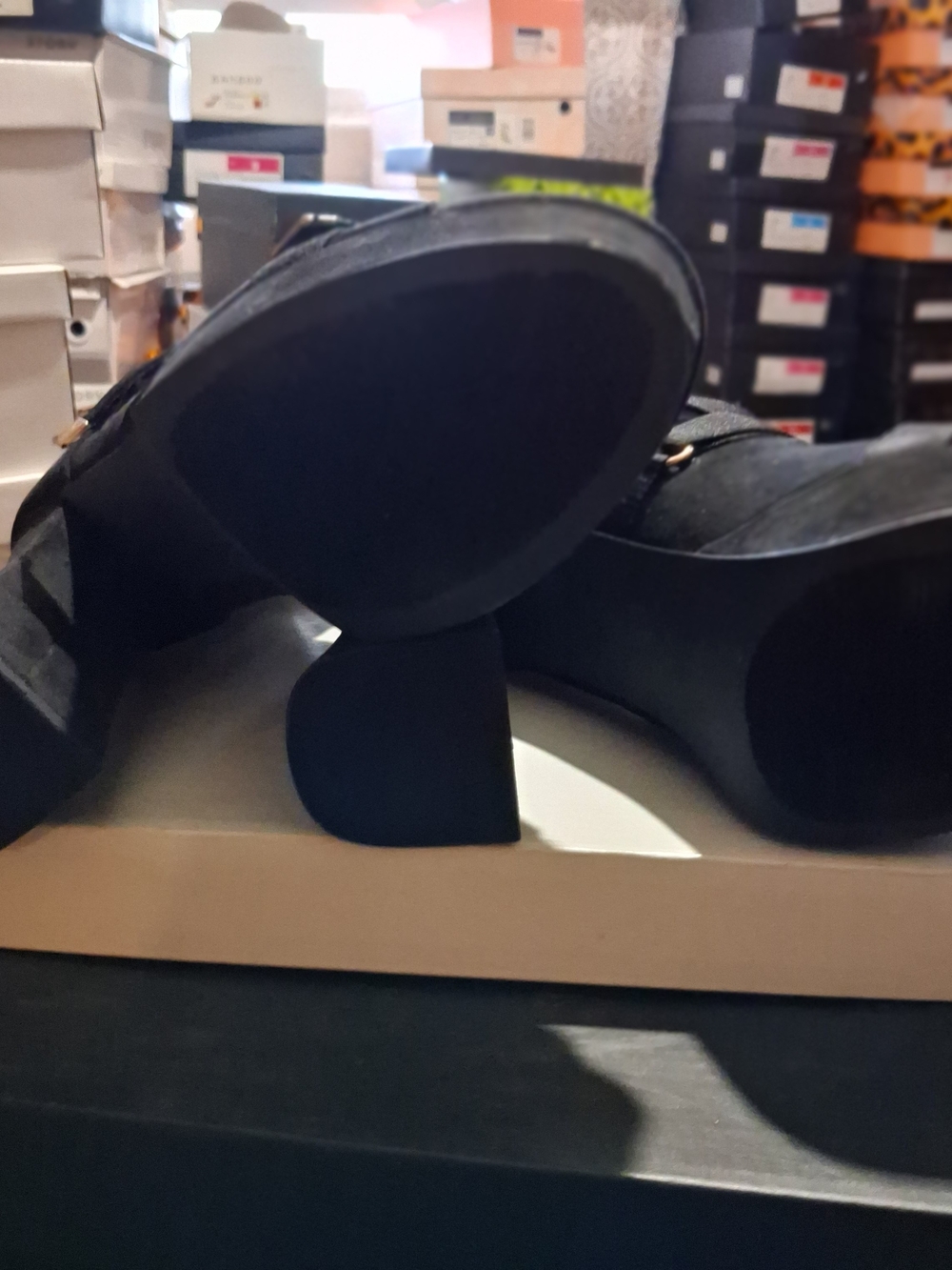 So Me Black Strappy Block Heel Sandals with Gold Accents - Picture 3 of 4